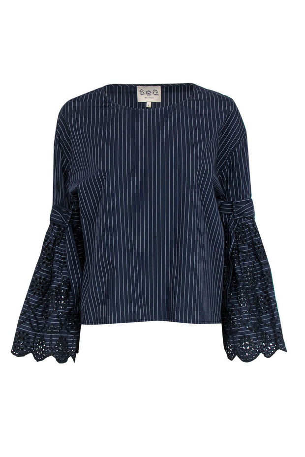 Current Boutique-Sea NY - Navy Pinstriped Bell Sleeve Blouse w/ Eyelet Lace Sz 4