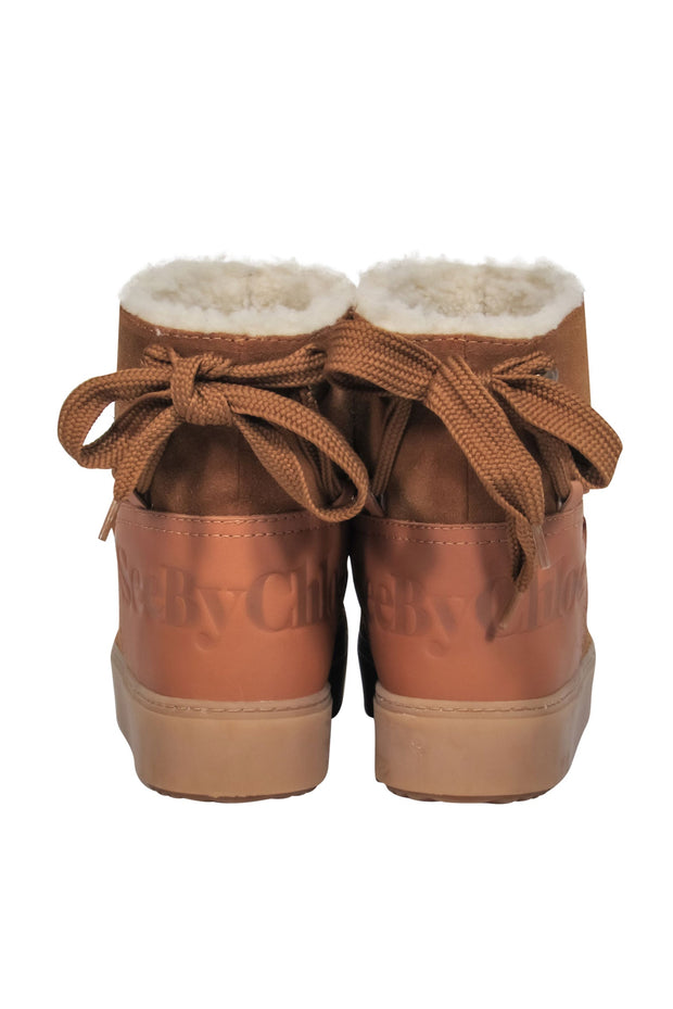 Current Boutique-See by Chloe - Brown Suede Shearling-Lined Moccasin Lace-Up-Style Boots Sz 9