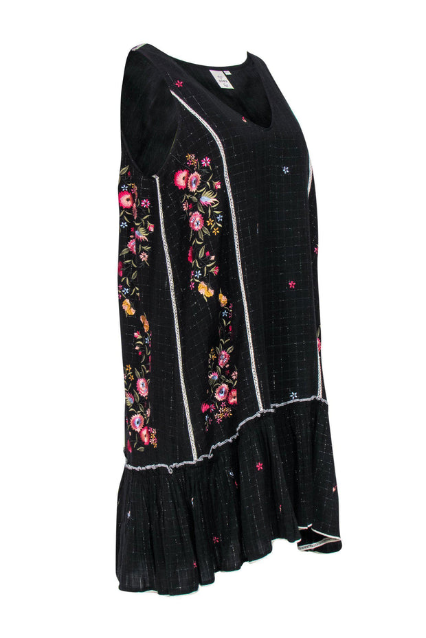 Current Boutique-Seen Worn Kept - Black Floral Embroidered Sleeveless Drop Waist Dress w/ Metallic Threading Sz S