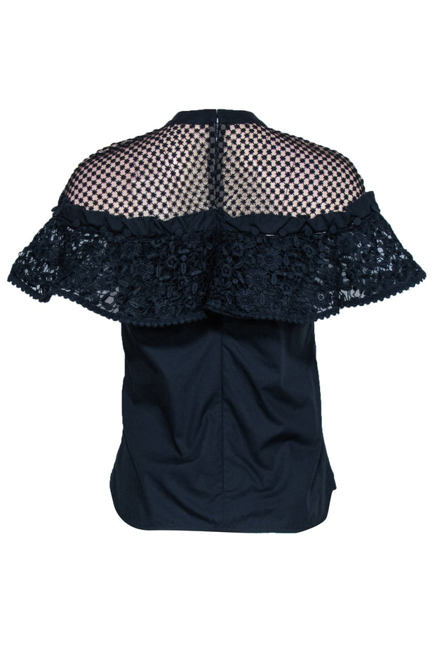 Current Boutique-Self-Portrait - Navy & Tan Embellished Ruffle Top w/ Mesh Sz 4