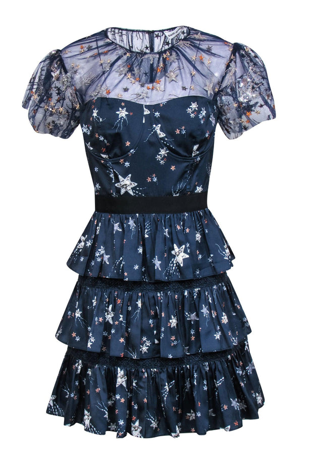 Current Boutique-Self-Portrait - Navy Tiered Star Print Mini Dress w/ Embroidery & Sequin Embellishment Sz 8