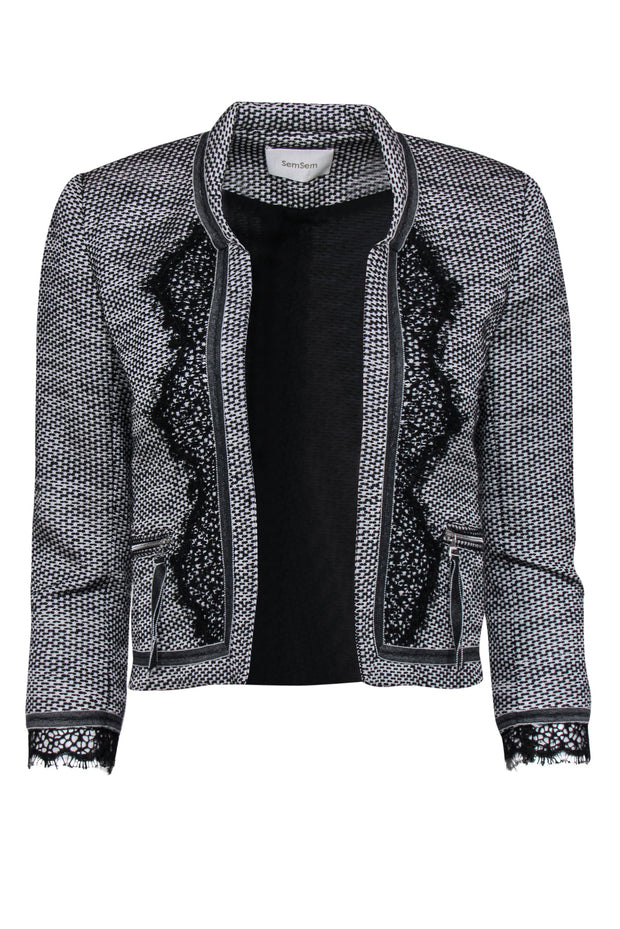 Current Boutique-SemSem - Black & White Woven Cropped Jacket w/ Lace Sz 4