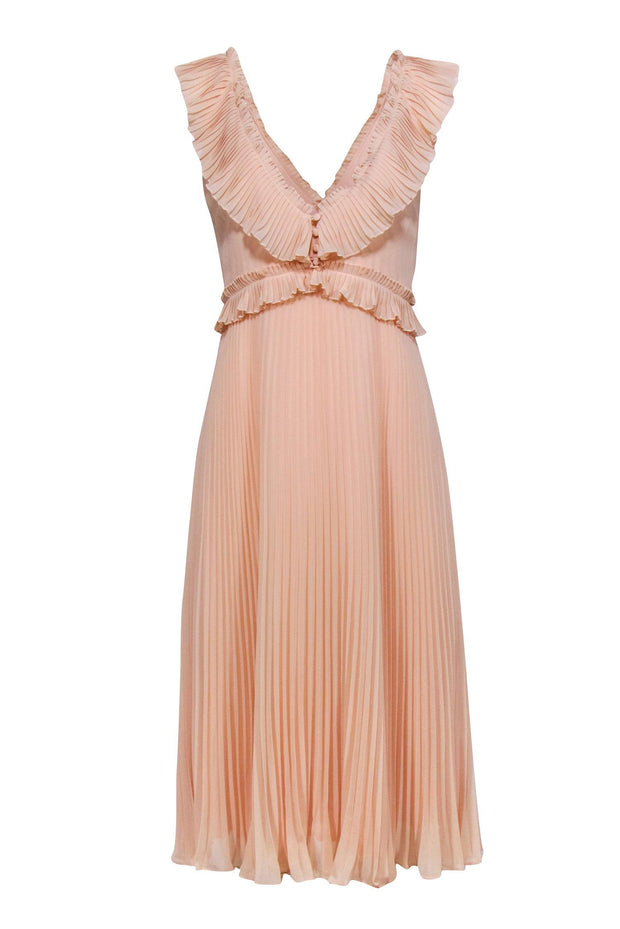 Current Boutique-Sezane - Blush Pink Ruffle Necklines Pleated Midi Dress Sz 4