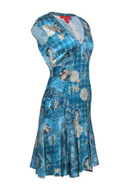 Current Boutique-Shanghai Tang - Blue Portrait Print V-Neck Silk Dress Sz 6