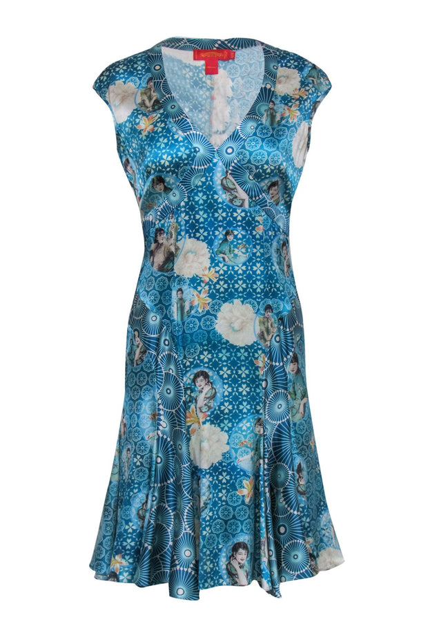 Current Boutique-Shanghai Tang - Blue Portrait Print V-Neck Silk Dress Sz 6