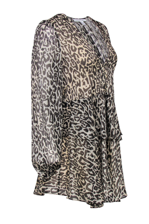 Current Boutique-Shona Joy - Beige Leopard Print Long Sleeve Tiered Fit & Flare Dress Sz 4