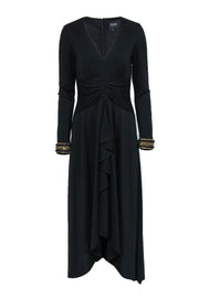 Current Boutique-Shoshanna - Black Long Sleeve V-Neck Gown w/ Front Slit & Ruffle Sz 8