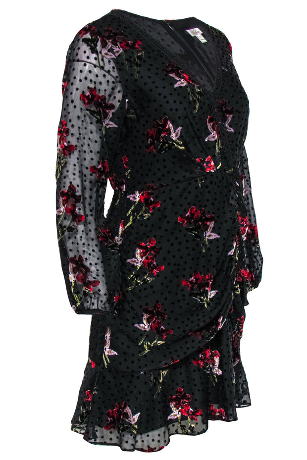 Current Boutique-Shoshanna - Black & Red Velvet Floral Print & Polka Dot Ruched Dress Sz 8P