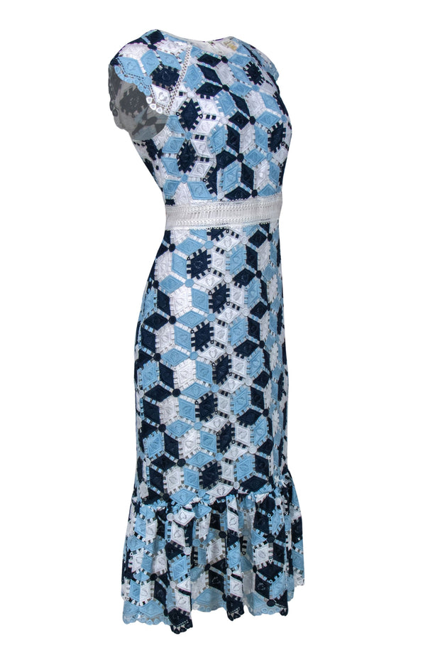 Current Boutique-Shoshanna - Blue & White Embroidered Cap Sleeve Midi Dress w/ Flounce Hem Sz 10