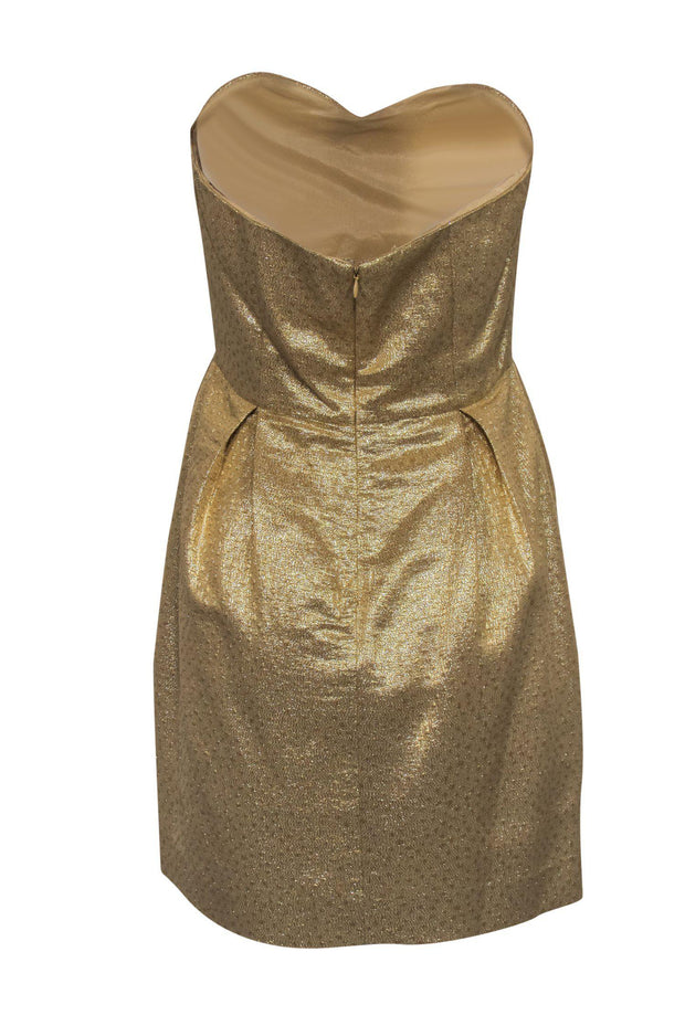 Current Boutique-Shoshanna - Gold Sparkly Textured Pleated Strapless Sheath Dress Sz 8