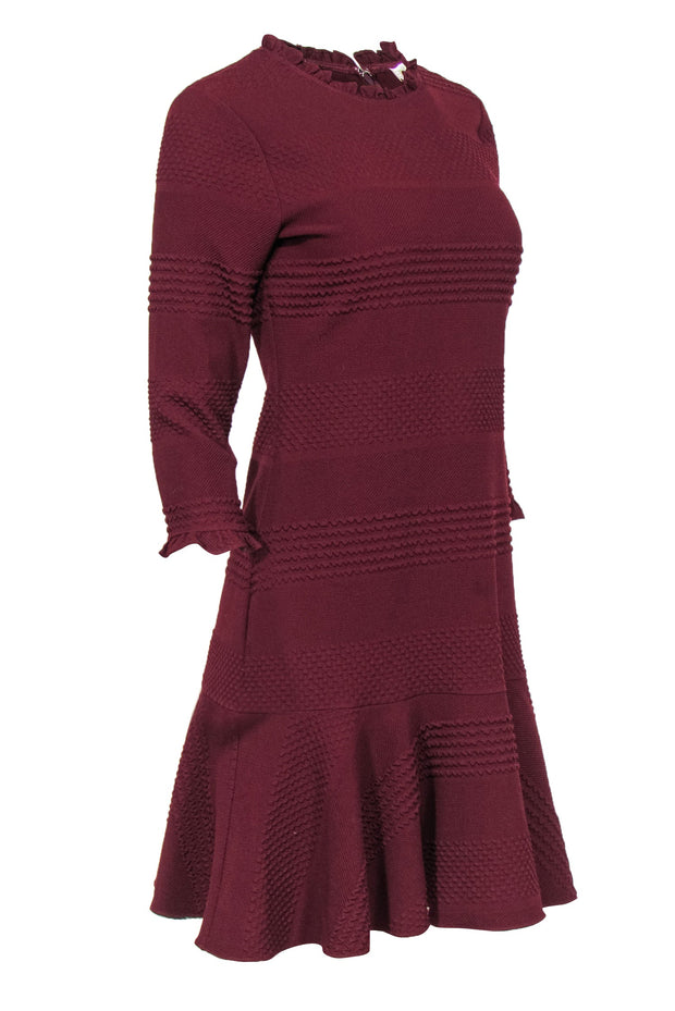 Current Boutique-Shoshanna - Maroon Textured Ruffled Sheath Dress w/ Flounce Hem Sz 4