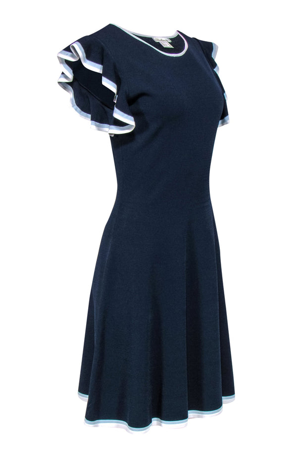 Current Boutique-Shoshanna - Navy Knit Ruffled Sleeve Dress w/ Piping Sz L