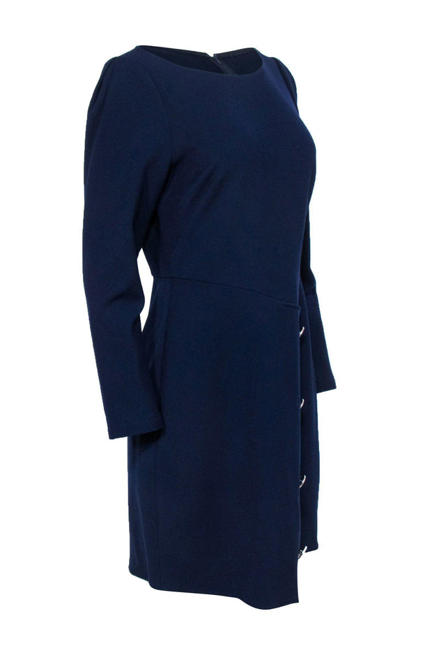 Current Boutique-Shoshanna - Navy Puffed Shoulder Dress w/ Front Gold Buttons Sz 8