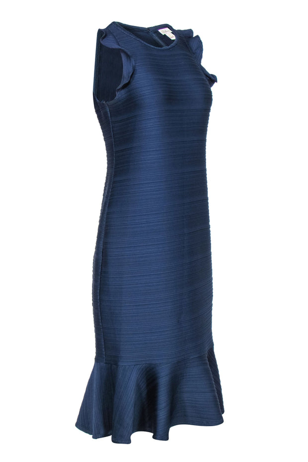 Current Boutique-Shoshanna - Navy Ribbed Texture Midi Dress w/ Ruffles Hem Sz 6