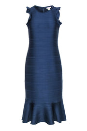 Current Boutique-Shoshanna - Navy Ribbed Texture Midi Dress w/ Ruffles Hem Sz 6