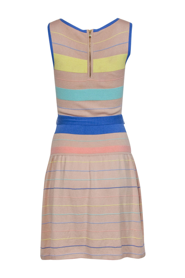 Current Boutique-Shoshanna - Nude & Pastel Knit Stripe Fit & Flare Dress w/ Tie Sz S