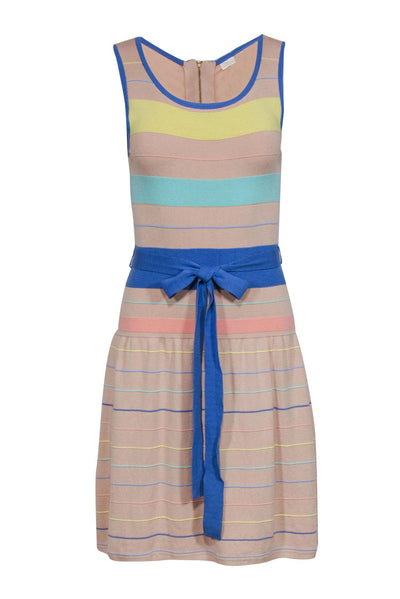 Current Boutique-Shoshanna - Nude & Pastel Knit Stripe Fit & Flare Dress w/ Tie Sz S