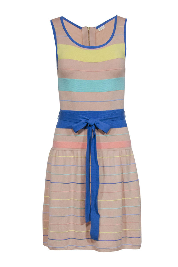 Current Boutique-Shoshanna - Nude & Pastel Knit Stripe Fit & Flare Dress w/ Tie Sz S