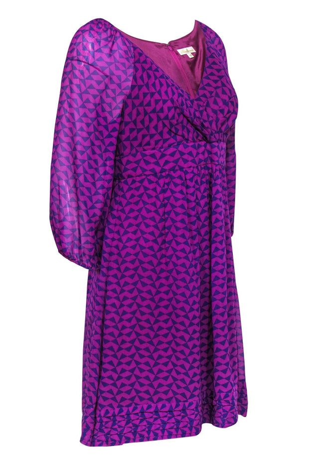 Current Boutique-Shoshanna - Purple Geometric Empire Waist Dress w/ Puff Sleeves Sz 8