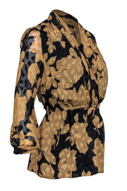 Current Boutique-Shoshanna - Tan & Black Floral Print Surplice Silk Blouse Sz 0