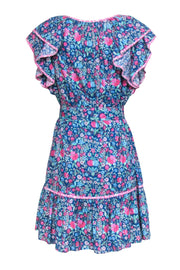 Current Boutique-Shoshanna - Teal & Pink Floral Cotton Swing Dress w/ Tie Waistline & Ruffles Sz 12