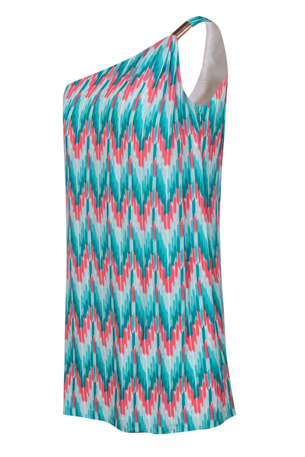 Current Boutique-Shoshanna - Turquoise & Pink Abstract Print One Shoulder Shift Dress Sz 8