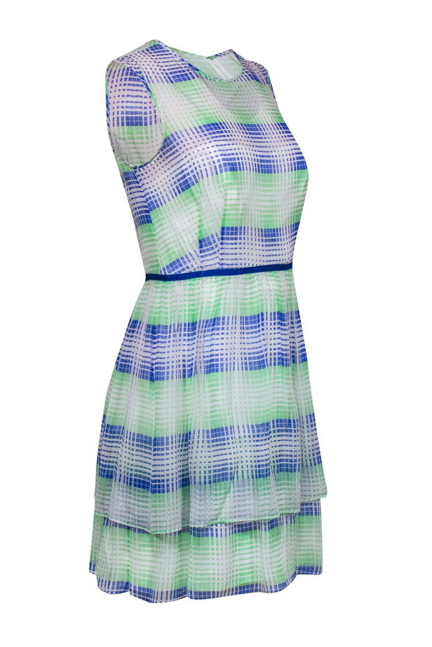 Current Boutique-Shoshanna - White, Blue & Neon Green Grid Pattern Silk Dress Sz 6