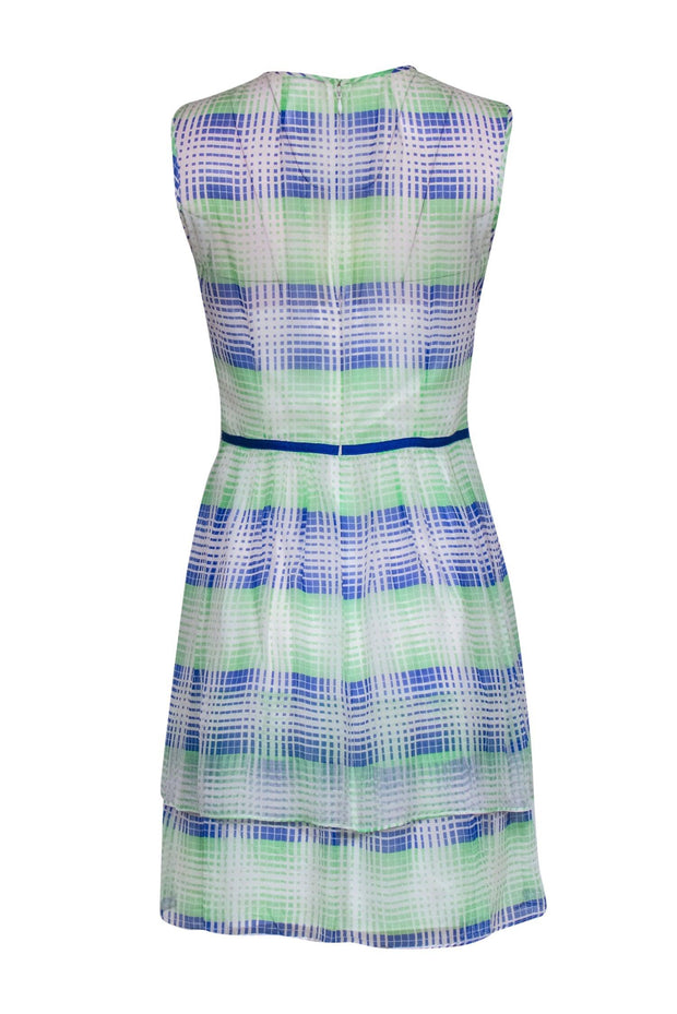 Current Boutique-Shoshanna - White, Blue & Neon Green Grid Pattern Silk Dress Sz 6