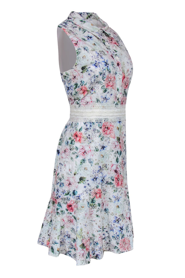 Current Boutique-Shoshanna - White Floral & Eyelet Embroidered Collared Shirtdress w/ Lace Belt