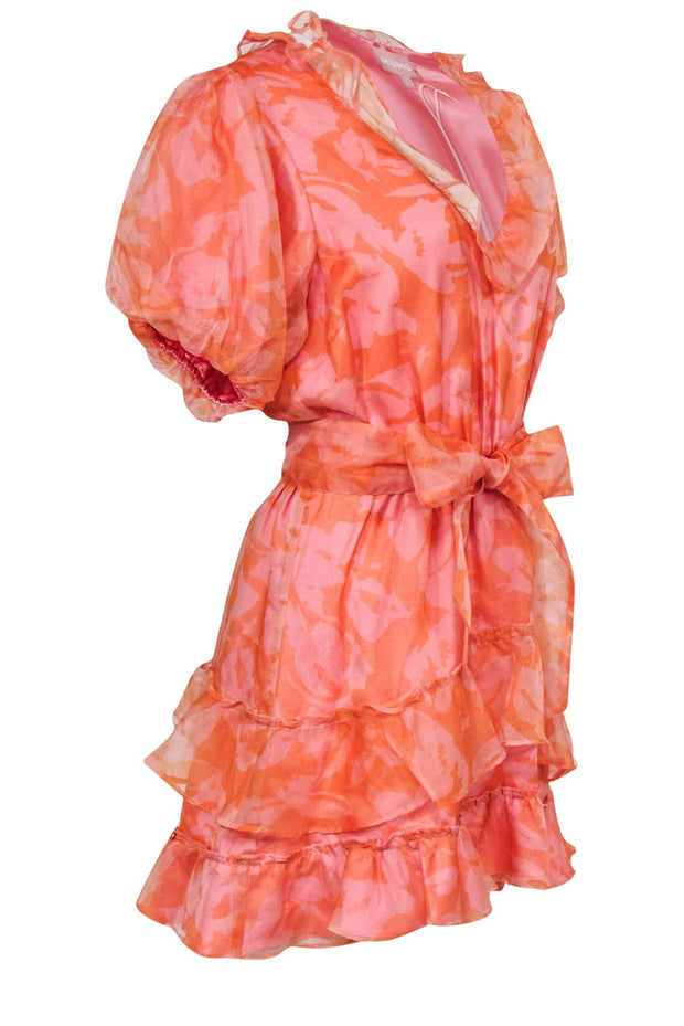 Current Boutique-Show Me Your Mumu - Orange & Pink Ruffle Puff Sleeve Mini Dress Sz L