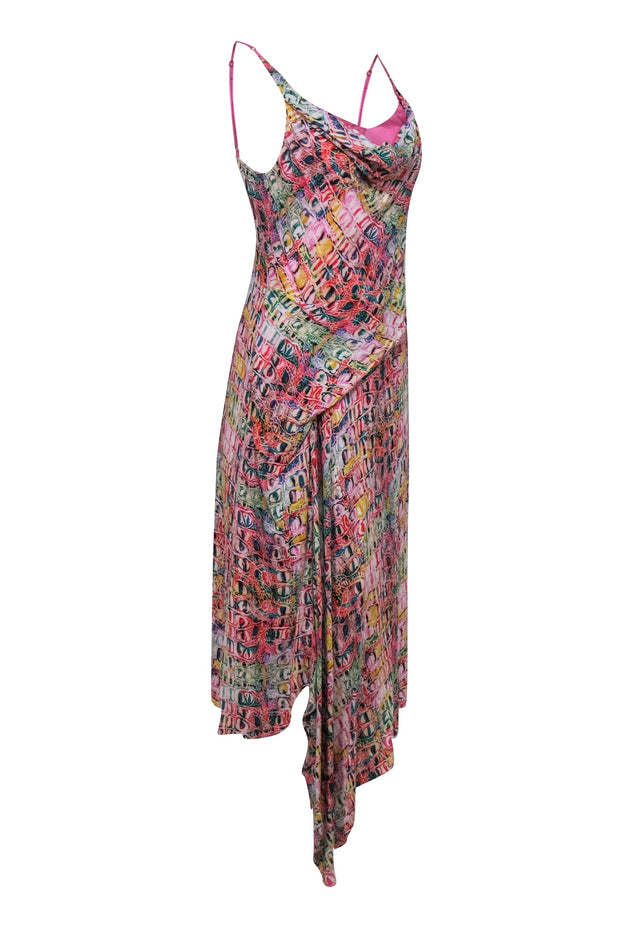 Current Boutique-Sies Marjan - Pink, Blue & Red Snakeskin Print Midi Dress w/ Asymmetric Hem Sz 4