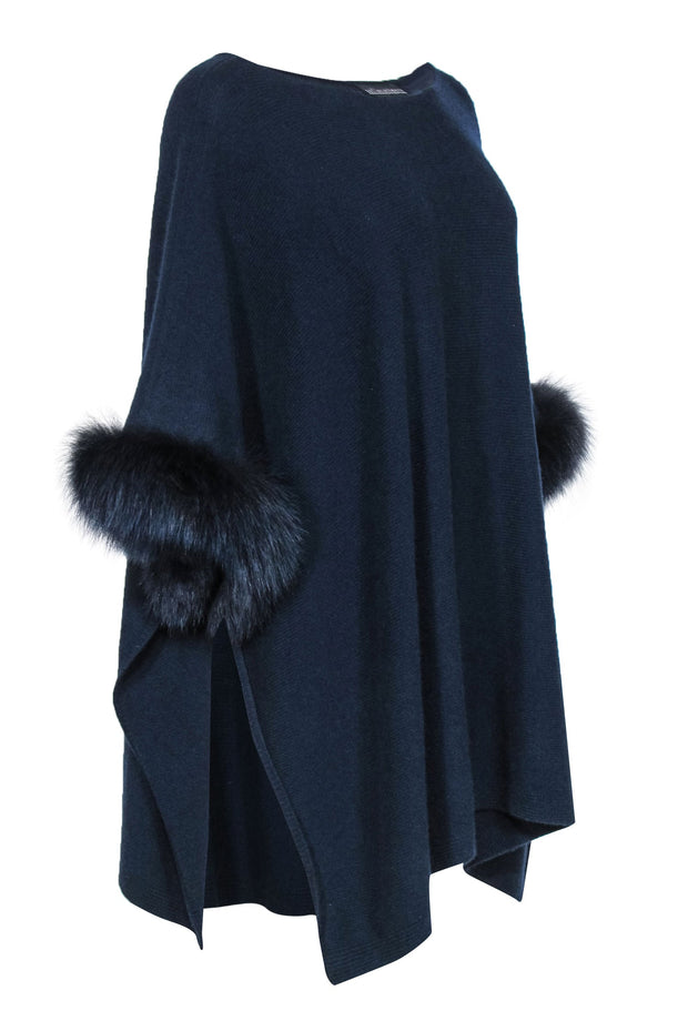 Current Boutique-Sofia Cashmere - Navy Longline Cashmere Sweater w/ Fur Trim OS