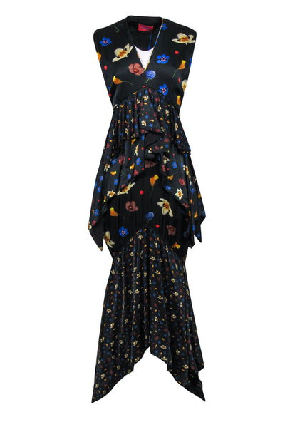 Current Boutique-Solace London - Black & Floral Print Sleeveless Tiered Ruffle Maxi Dress Sz 10