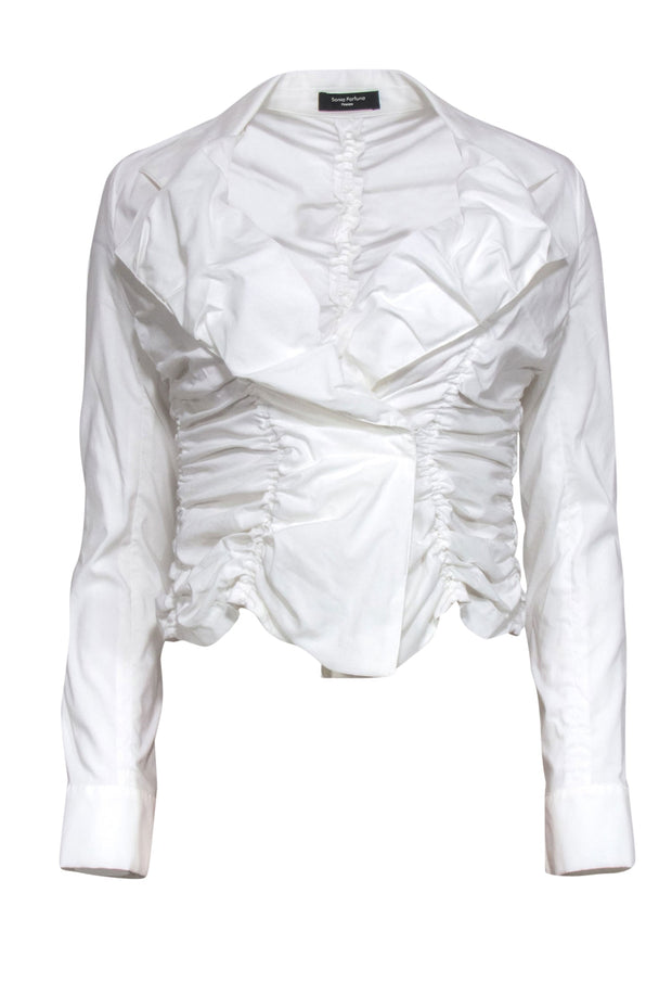 Current Boutique-Sonia Fortuna - White Cotton Blend Ruched Crop Blouse Sz 4