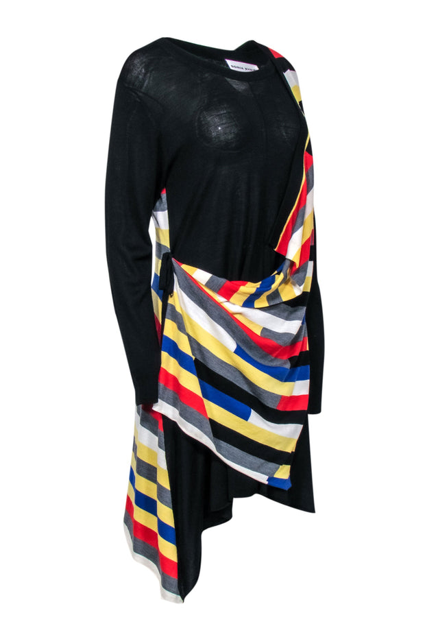 Current Boutique-Sonia Rykiel - Black Wool Faux Wrap Dress w/ Striped Overlay Sz L