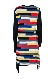 Current Boutique-Sonia Rykiel - Black Wool Faux Wrap Dress w/ Striped Overlay Sz L