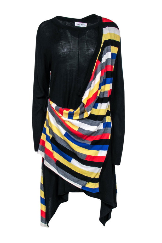 Current Boutique-Sonia Rykiel - Black Wool Faux Wrap Dress w/ Striped Overlay Sz L