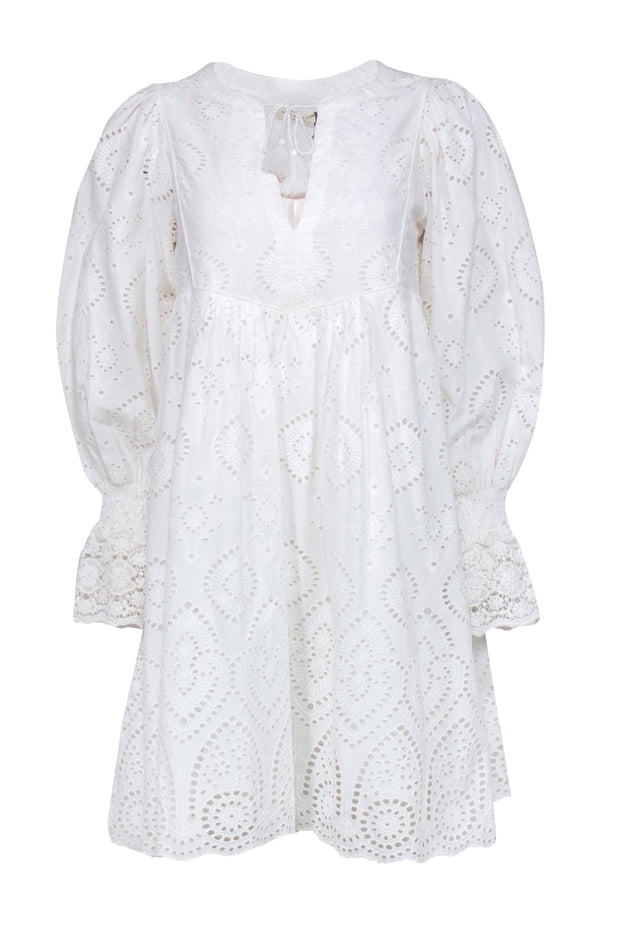 Current Boutique-Spell & The Gypsy - White Eyelet “Dylan Smock” Shift Dress w/ Tassels & Lace Trim Sz S