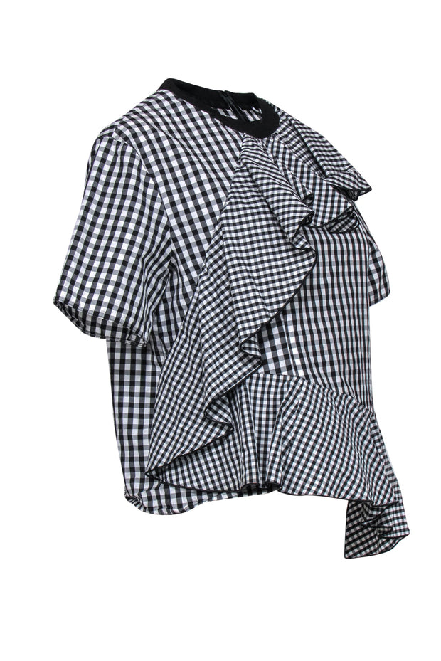 Current Boutique-Sportmax - Black & White Gingham Print Ruffled Asymmetrical Top Sz S