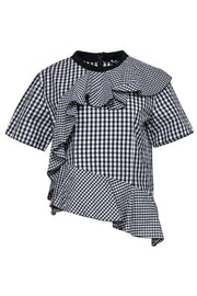 Current Boutique-Sportmax - Black & White Gingham Print Ruffled Asymmetrical Top Sz S