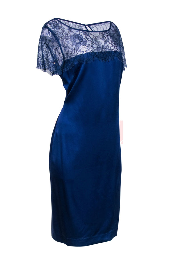 Current Boutique-St John - Navy Satin Shift Dress w/ Lace & Rhinestones Sz 16