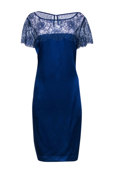 Current Boutique-St John - Navy Satin Shift Dress w/ Lace & Rhinestones Sz 16