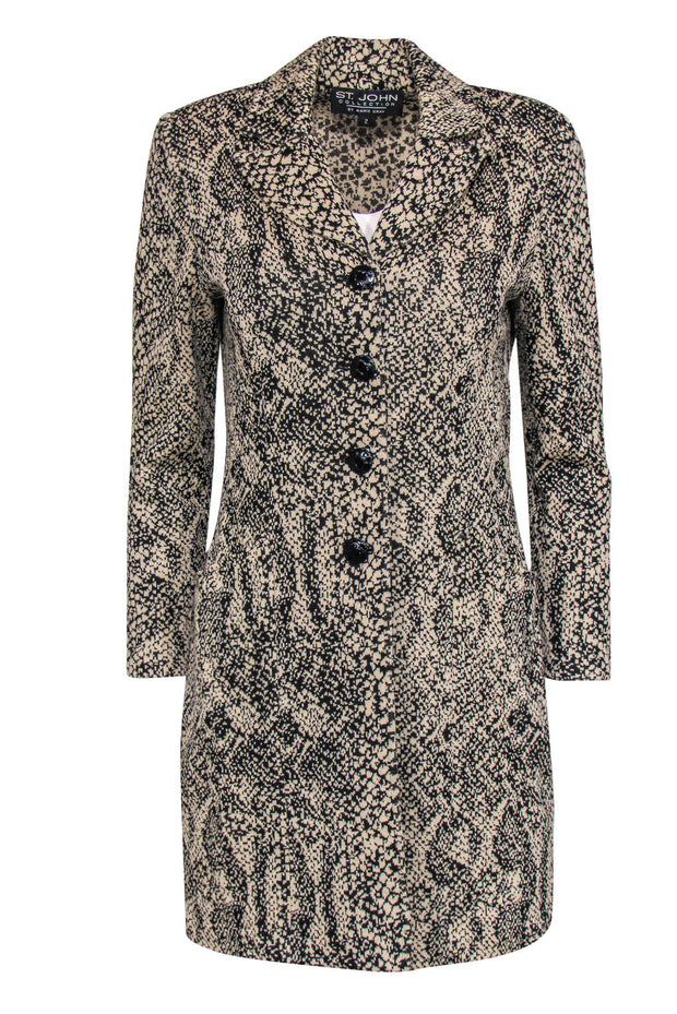 Current Boutique-St. John - Beige & Black Snakeskin Print Longline Button-Up Knit Blazer Sz 2