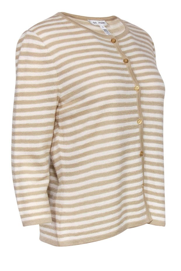 Current Boutique-St. John - Beige & White Striped Knit Button-Up Cardigan Sz M