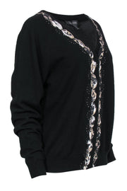 Current Boutique-St. John - Black Cashmere Cardigan w/ Printed Silk Trim Sz XL