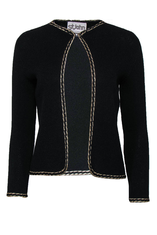 Current Boutique-St. John - Black Clasped Knit Cardigan w/ Gold Trim Sz S