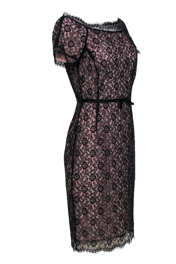 Current Boutique-St. John - Black Floral Lace Beaded Sheath Dress w/ Light Pink Underlay Sz 4