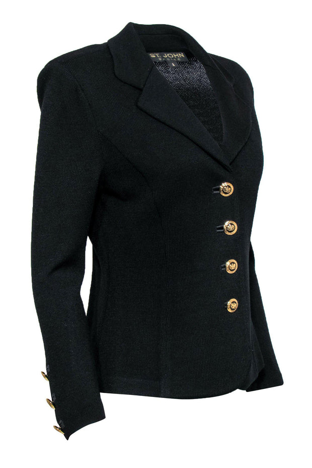 Current Boutique-St. John - Black Knit Blazer w/ Embellished Gold Buttons Sz 4