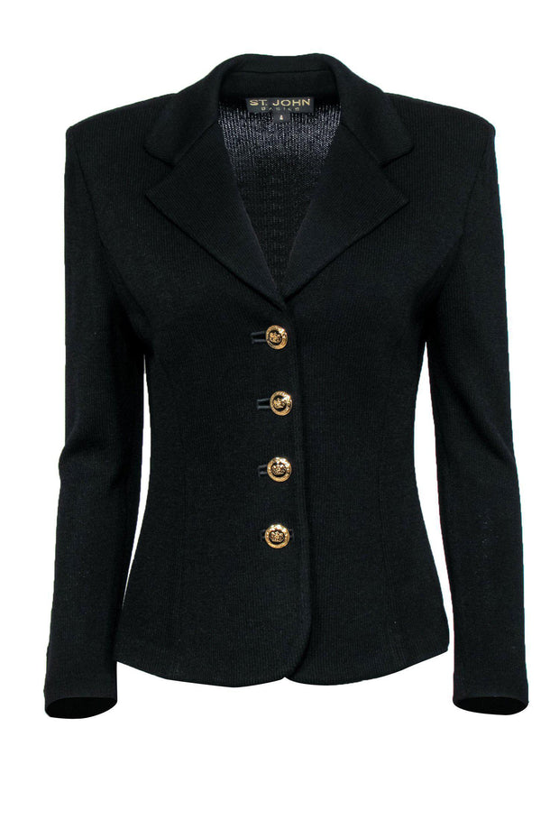 Current Boutique-St. John - Black Knit Blazer w/ Embellished Gold Buttons Sz 4