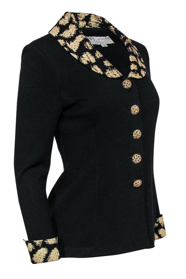 Current Boutique-St. John - Black Knit Jacket w/ Golden Collar & Cuffs Sz 2